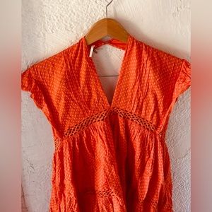 Free People Retro Kitty Tiered Dress Micro Floral Orange 100% Rayon Size XS